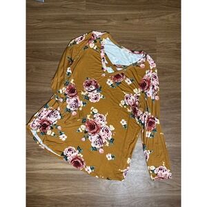 Viamor Womens 3XL Mustard Floral Criss Cross V-Neck Long Sleeve Top 1569TX